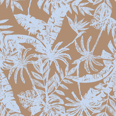 Tropical pattern, floral, leaves. Digital print in Repeat (rapport), Resolution 300 DPI, ideal for fashion, decoration and stationery.
