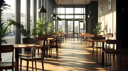 Obraz premium Empty Cafe Interior With Wooden Tables And Chairs Under Bright Sunlight With Green Plants And Building View
