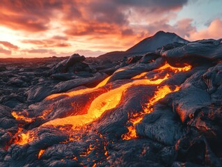 Obraz premium Lava flow and volcanic landscape with dramatic lighting