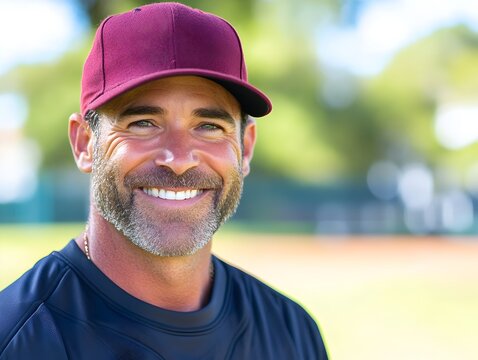 A happy mature man with a stylish beard smiles brightly while wea a maroon baseball cap outdoors on a sunny day.