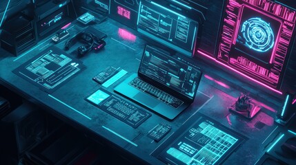 Fototapeta premium Futuristic workstation with glowing displays and tech gadgets