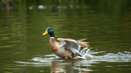 Obraz premium Mallard duck swimming and splashing in serene pond during sunny afternoon in a lush natural setting