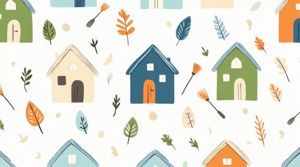 Fototapeta premium Autumn houses pattern, leaves, broom; fall home decor