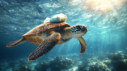 Obraz premium Sea Turtle Swimming in Vibrant Coral Reef, A sea turtle swimming gracefully in a vibrant coral reef, surrounded by colorful fish and illuminated