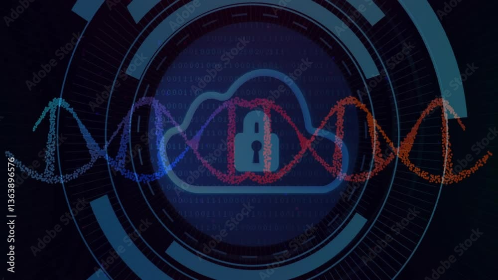 Poster animation of digital lock with dna strands over binary code, symbolizing data security