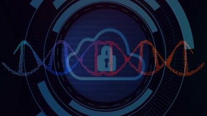 Animation of digital lock with DNA strands over binary code, symbolizing data security - Powered by Adobe