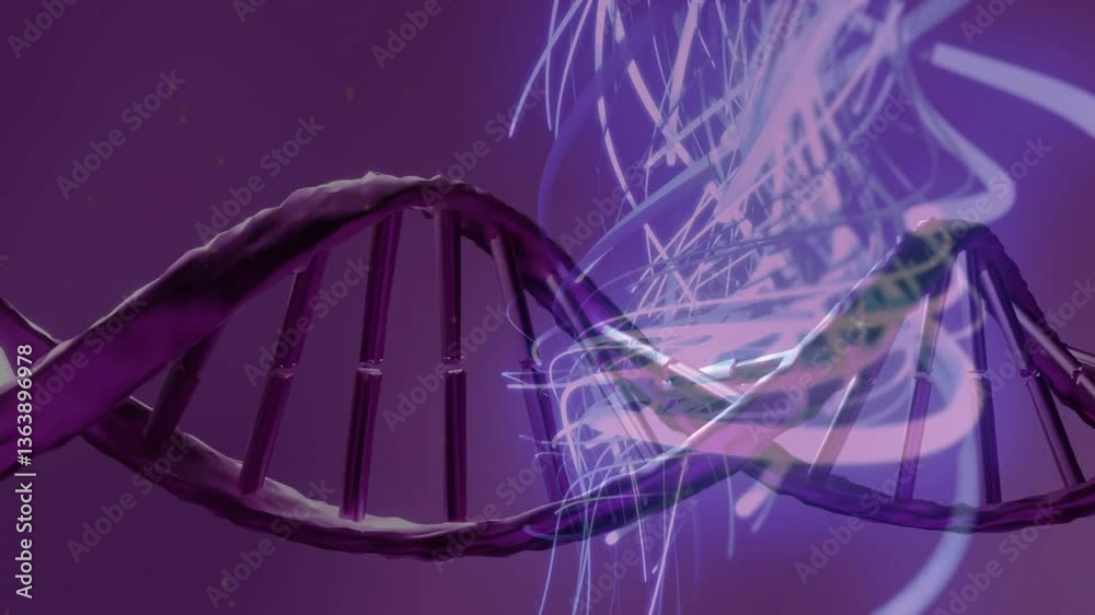Wall mural dna strand with animation and abstract light patterns on purple background