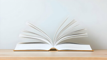 Fototapeta premium Open Book With Fluttering Pages On A Light Wood Table Against A White Wall