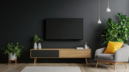 Modern living room interior with sofa, TV, and contemporary furniture