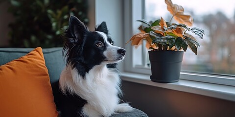 A black and white dog looks attentively out a window