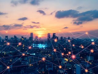Cityscape at Sunset with Digital Network Overlay for Modern Connectivity