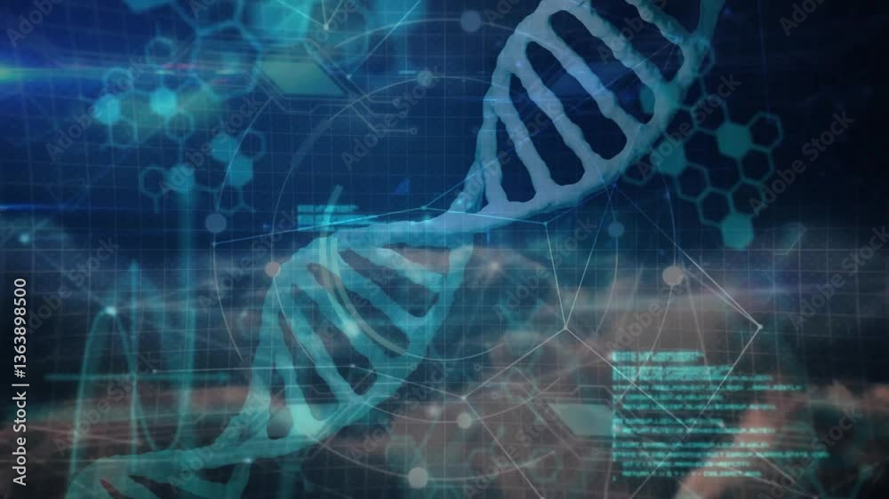Poster processing scientific data, animation of dna strand with binary coding elements
