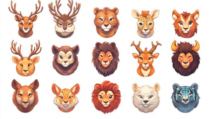 Adorable animal avatars deer, lions, tigers;  children's book illustration