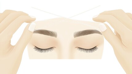 Fototapeta premium Eyebrow Threading Process with Hands Holding Thread on Skin