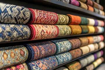 Colorful Display of Rolled Textiles in a Stock Photo Gallery