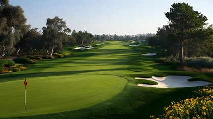 A scenic view of a lush green golf course fairway with sand traps and a flag on the putting green under a clear sunny sky.