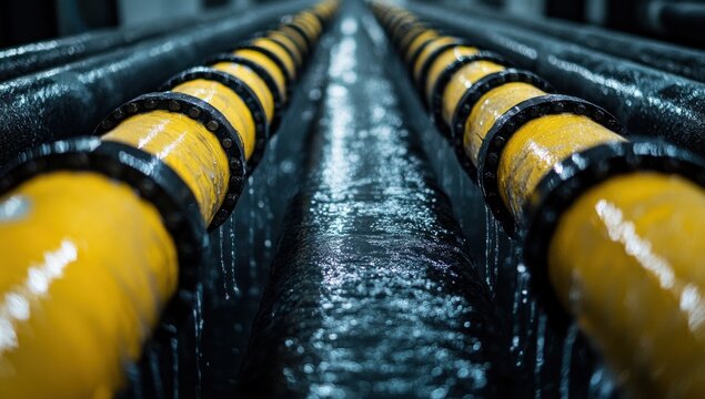 Parallel yellow pipes in industrial setting.