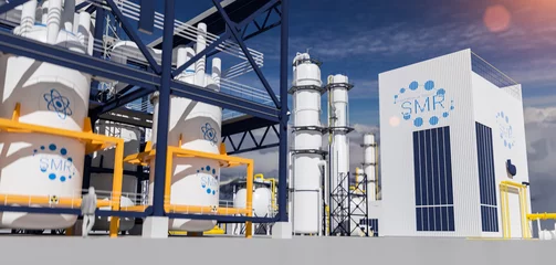 concept of a SMR small modular nuclear reactor power plant on a sunny day. SMR is a future energy concept. 3d rendering. © AA+W
