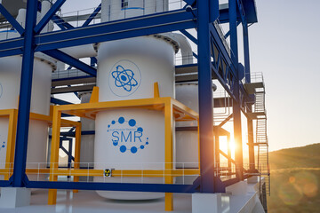 concept of a SMR small modular nuclear reactor power plant on a sunny day. SMR is a future energy concept. 3d rendering.