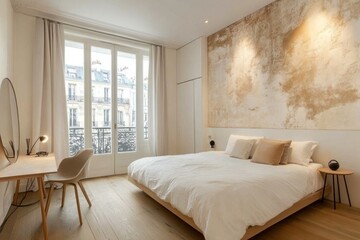 Fototapeta premium Parisian bedroom with textured wall, large bed, and city view.