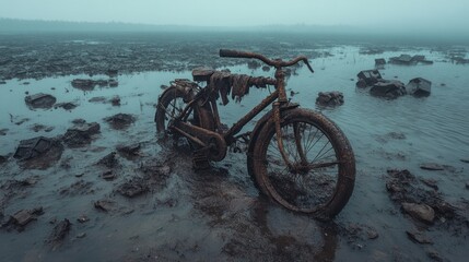Fototapeta premium Rusty Bicycle in a Flooded Field: A Post-Apocalyptic Scene