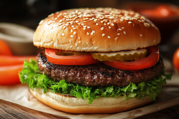 Eating Burger with Lettuce Tomato and Pickle on Wooden Table