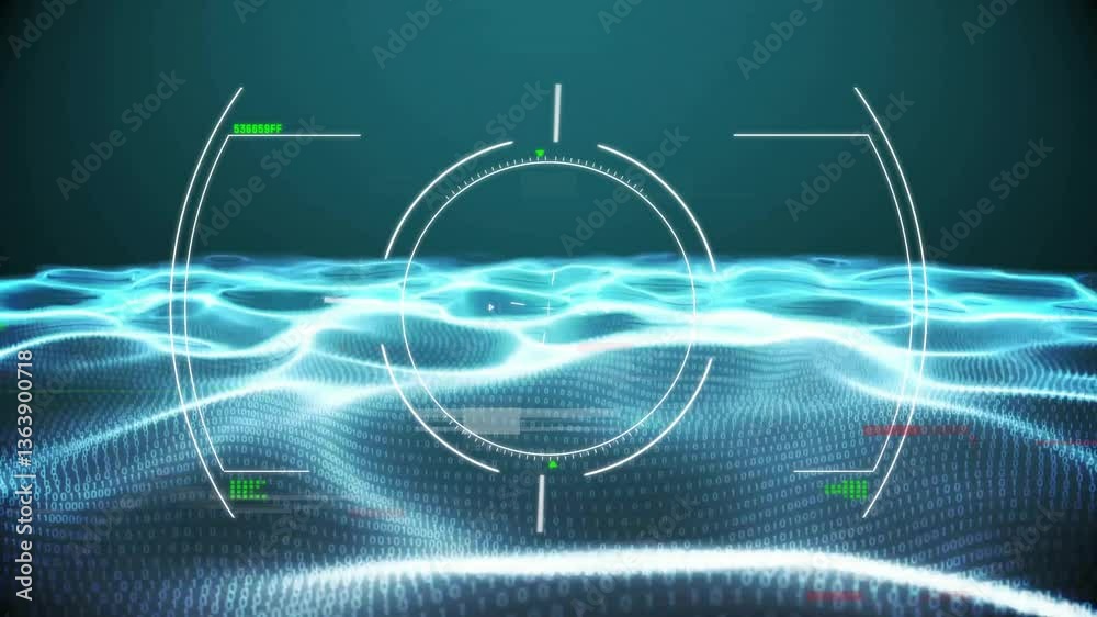 Poster digital grid landscape with target overlay and binary code animation