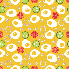 Healthy Morning seamless pattern with fried eggs and seasonal vegetables. Food background for any purposes. Hand drawn illustration.