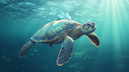 Fototapeta premium Sea Turtle Swimming Underwater, A sea turtle gracefully swimming underwater with sunlight filtering through the water