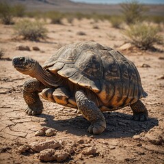 Fototapeta premium Tortoise Moving Across a Desert Landscape