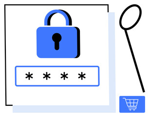 Padlock above password input field with masked characters, magnifying glass, and shopping cart icon. Ideal for cybersecurity, privacy, authentication, e-commerce, data protection, risk management