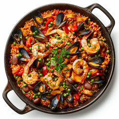 Top view of paella in pan, isolated on white background.