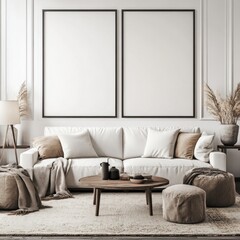 Modern living room with white sofa, two large frames, and neutral decor.