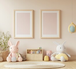 Pastel nursery room with bunny toys, frames, and storage.