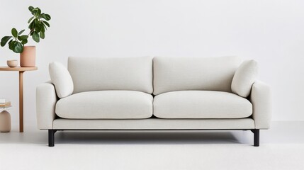 Ivory sofa with black legs sits against a white wall