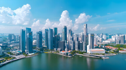 Obraz premium Aerial View of Modern City Skyline with Blue Buildings Green Trees and River Under Bright Sunlight