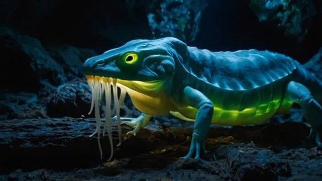 a brightly glowing iguana with a distinctive greenish-blue hue and a sharp, elongated snout.