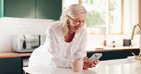 Morning, phone and reading with old woman in kitchen for retirement fund, social security benefits and news. Senior discount, membership application and update with person at home search and sign up