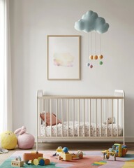 Pastel nursery with crib, toys, and cloud mobile.