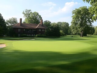 Fototapeta premium A picturesque country club golf course boasts a stunning view of a classic brick clubhouse on a sunny day.