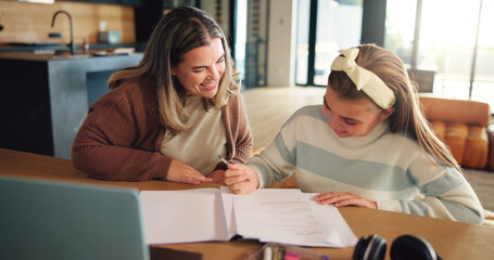 Girl, mom and help with homework, happy or support for development with education in living room. Child, mother or assignment with progress, teaching or problem solving for assessment in family house