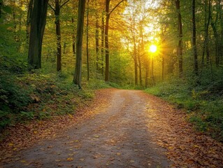 Fototapeta premium Winding path through autumn forest with forced perspective and golden hour lighting and copy space above