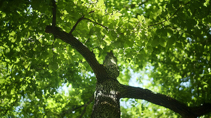 Fototapeta premium Green Tree Canopy Reaching Towards Blue Sky with Sunlight Filtering Through Leaves