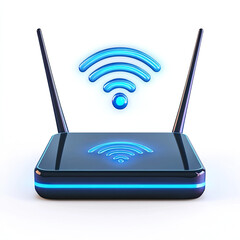A futuristic glowing wifi router broadcasting a strong signal, promising seamless connectivity and endless possibilities with vibrant blue neon accents.
