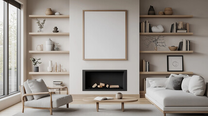Modern Living Room with Empty Vertical Frame for Poster or Painting on Beige Wall