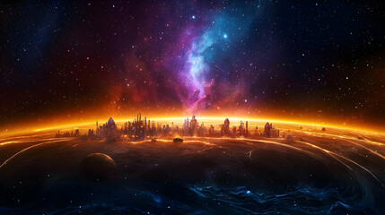 Cityscape Silhouette on Illuminated Planet Orbiting with Glowing Stars and Cosmic Galaxy in Dark Night Sky