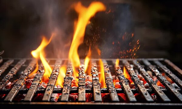 Empty hot flaming BBQ grill with fire, ready for grilling