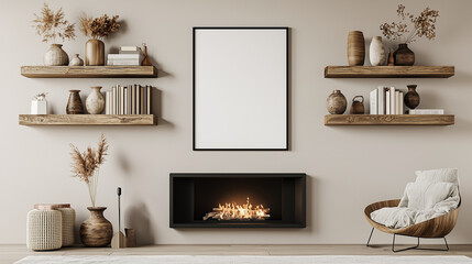 Modern Living Room with Empty Vertical Frame for Poster or Painting on Beige Wall