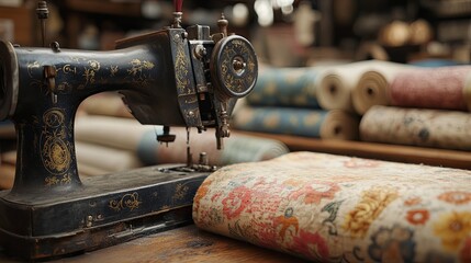Old sewing machine beside colorful fabric rolls and sewing thread in a vintage workshop creating a nostalgic atmosphere
