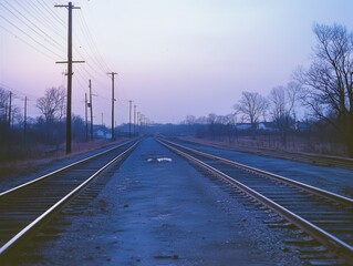 Railroad tracks vanishing into distance with cool blue hour lighting and negative space